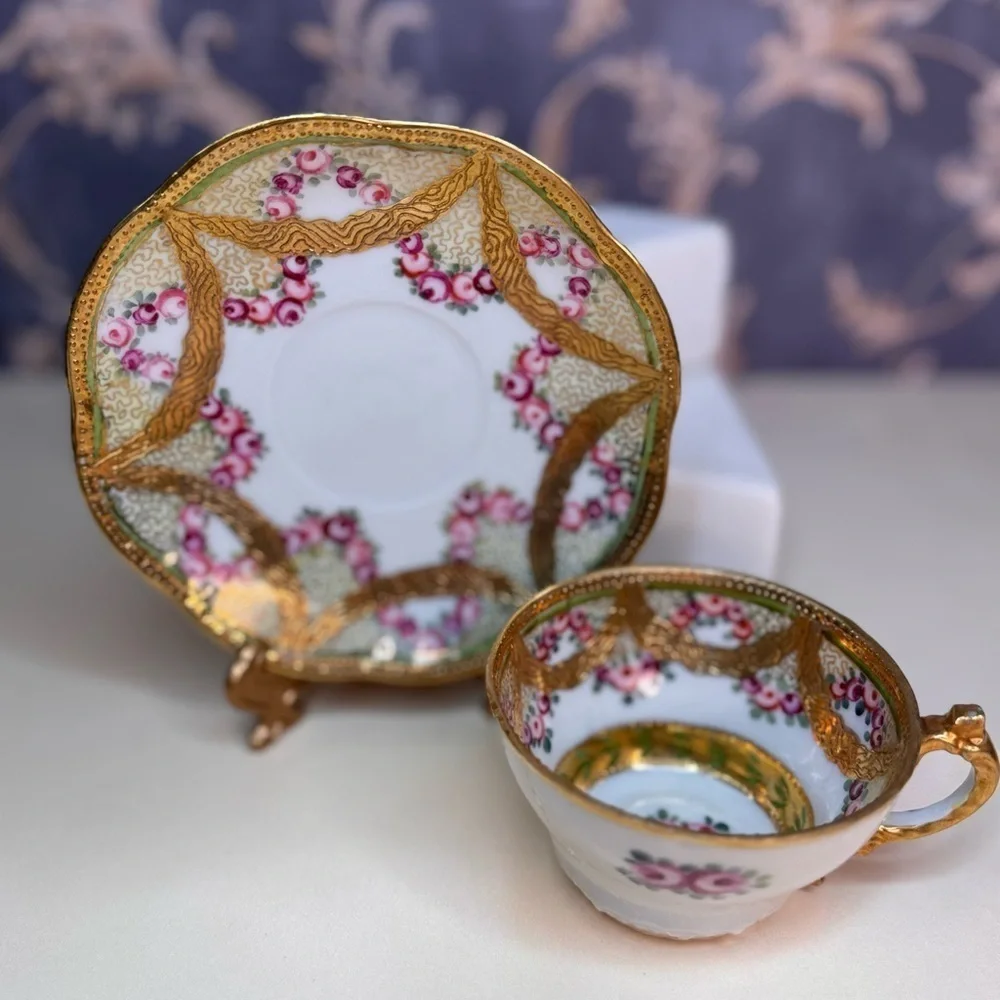 Vintage Estate Nippon Gold and Floral Teacup and Saucer READ